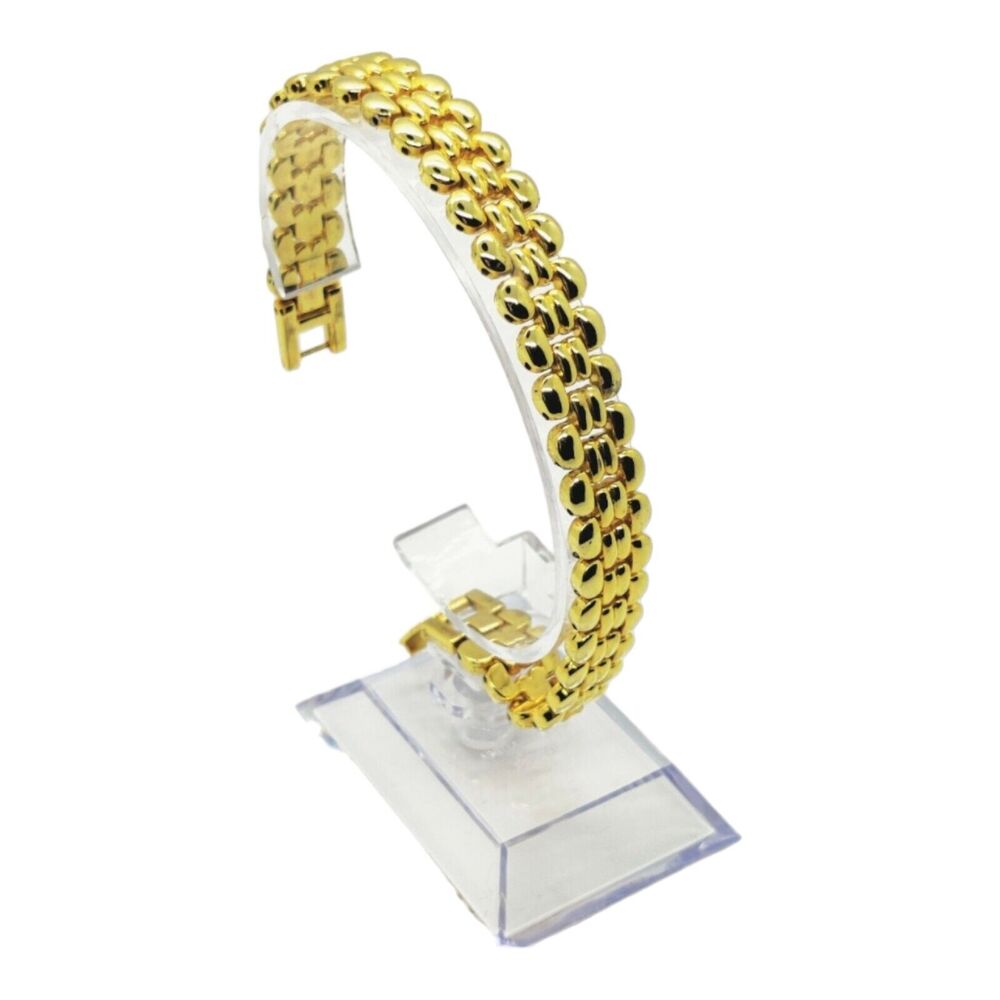 Gold Tone Triple Row‎ Jubilee Link Bracelet Women Fold Over Clasp Classic Style - Picture 4 of 7